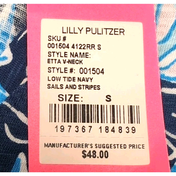 Lilly Pulitzer Etta V-Neck Top Womens S Blue Sails & Stripes T-Shirt Tee NEW NWT - Picture 9 of 14